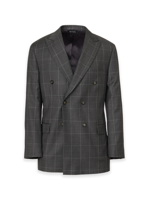 Charcoal Wool Windowpane Double Breasted Peak Lapel Suit Jacket - Charcoal