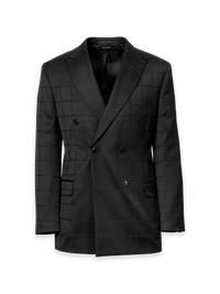 Black Wool Windowpane Double Breasted Peak Lapel Suit Jacket - Black