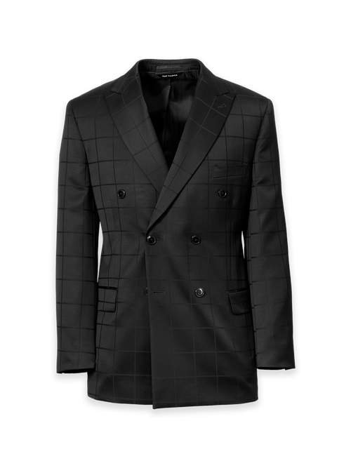 Black Wool Windowpane Double Breasted Peak Lapel Suit Jacket - Black