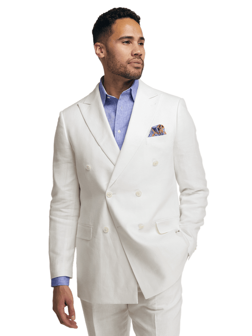 Linen Blend Double Breasted Peak Lapel Suit Jacket - White
