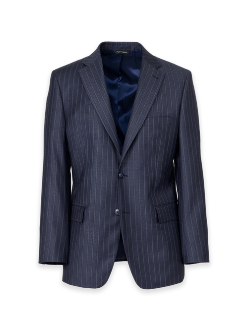 Navy Wool Stripe Single Breasted Notch Lapel Suit Jacket - Navy