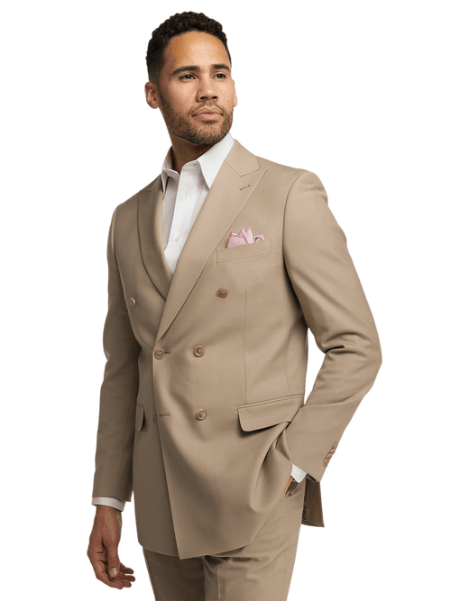 Wool Stretch Bengaline Peak Lapel Suit Jacket - Light Tan