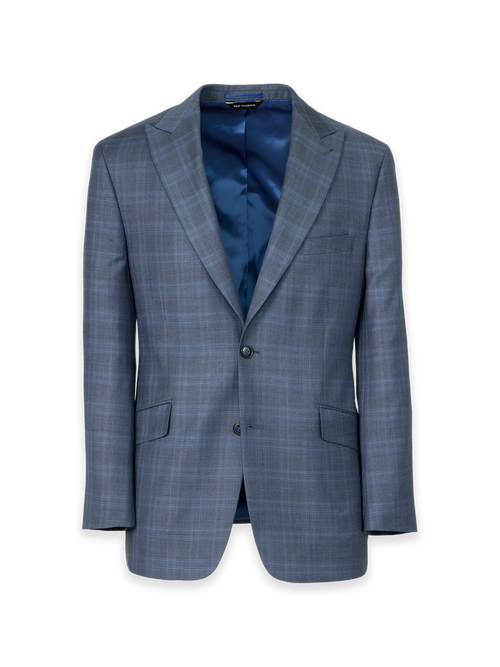 Blue Wool Glen Plaid Single Breasted Suit Jacket - Blue