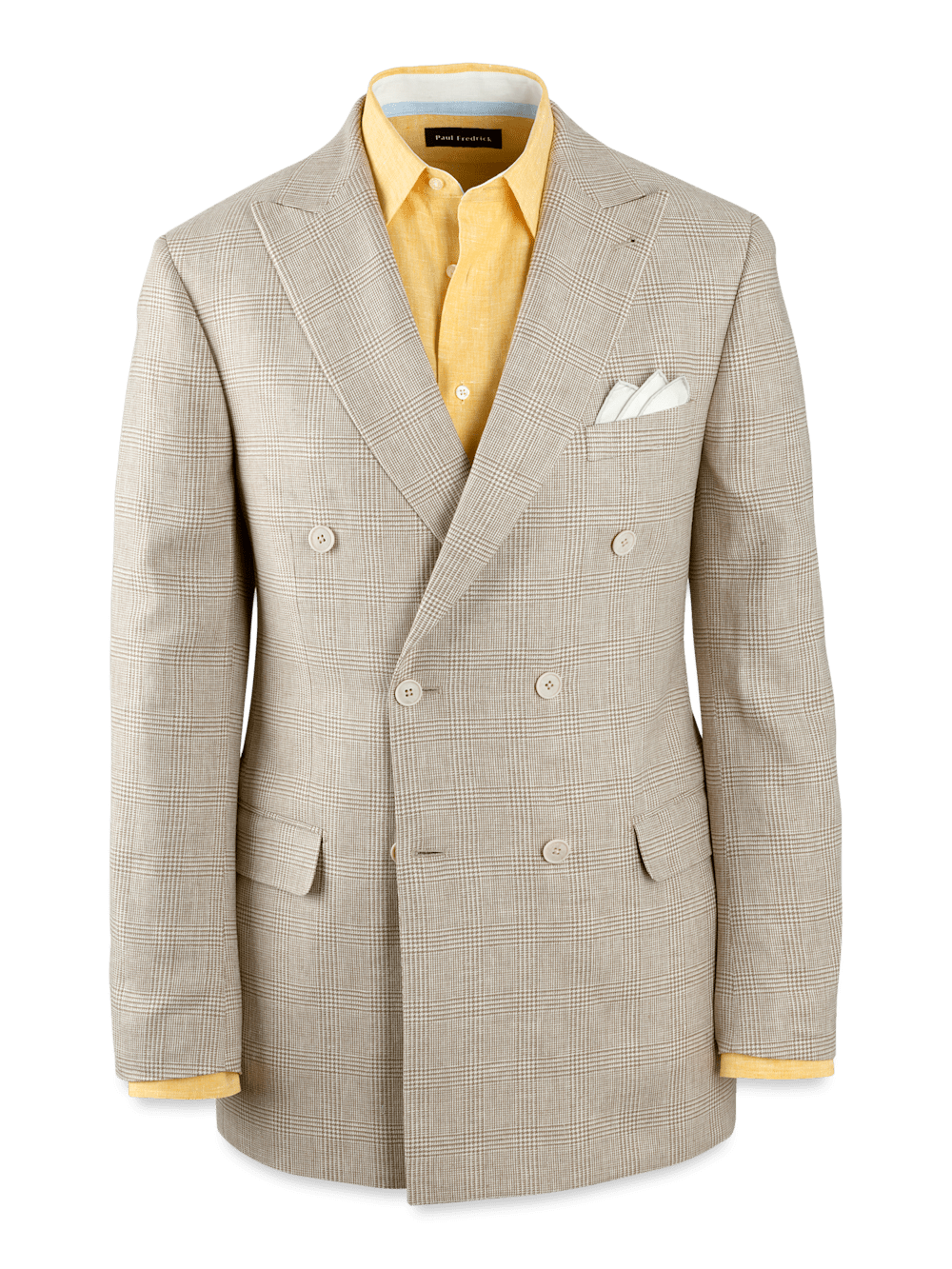 Product Image of Linen Blend Plaid Double Breasted Peak Lapel Suit Jacket-Tan