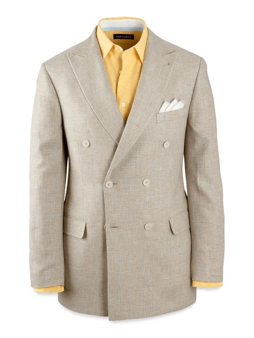Linen Blend Plaid Double Breasted Peak Lapel Suit Jacket - Tan