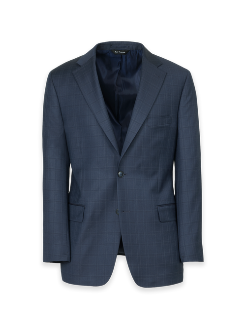 Blue Wool Windowpane Single Breasted Notch Lapel Suit Jacket - Blue