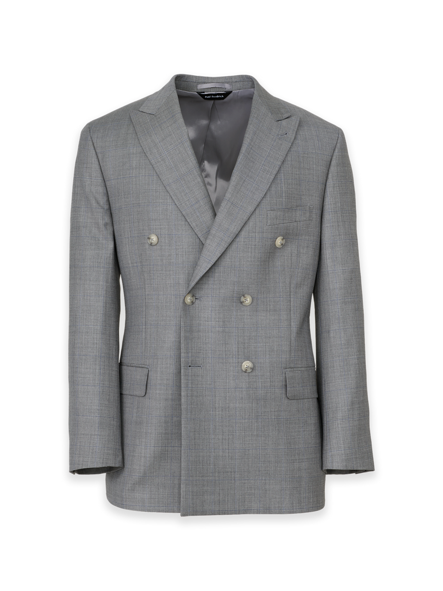 Grey Wool Windowpane Double Breasted Peak Lapel Suit Jacket - Grey