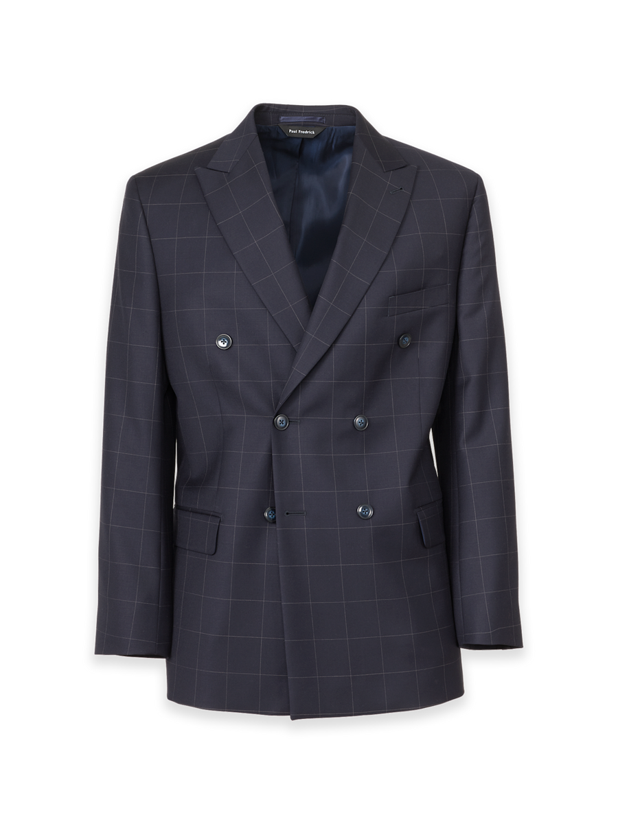 Navy Wool Windowpane Double Breasted Peak Lapel Suit Jacket - Navy