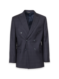 Navy Wool Windowpane Double Breasted Peak Lapel Suit Jacket - Navy