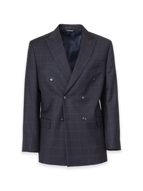Navy Wool Windowpane Double Breasted Peak Lapel Suit Jacket - Navy