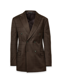 Brown Wool Windowpane Double Breasted Peak Lapel Suit Jacket - Brown