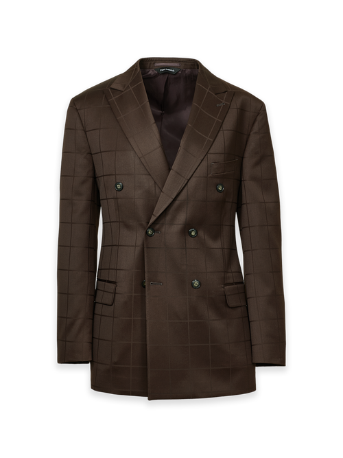Brown Wool Windowpane Double Breasted Peak Lapel Suit Jacket - Brown