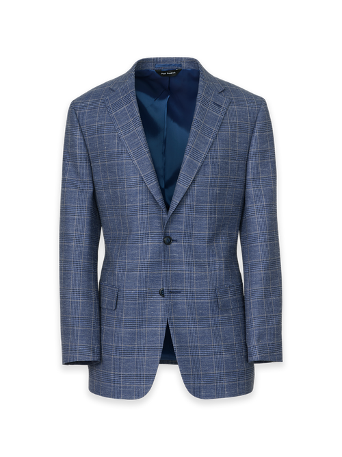Blue Wool Blend Plaid Single Breasted Notch Lapel Suit Jacket - Blue