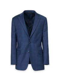 Blue Wool Blend Windowpane Single Breasted Notch Lapel Suit Jacket - Blue