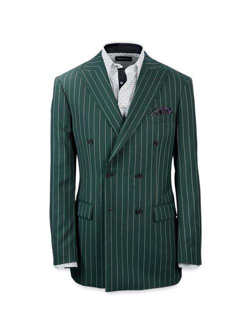 Wool Stretch Stripe Double Breasted Peak Lapel Suit Jacket - Dark Green