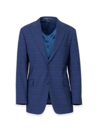 Blue Plaid Wool Blend Single Breasted Peak Lapel Suit Jacket - Blue