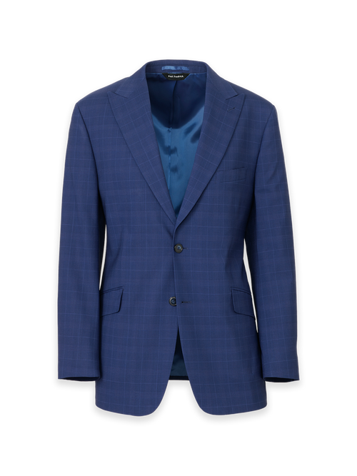 Blue Plaid Wool Blend Single Breasted Peak Lapel Suit Jacket - Blue