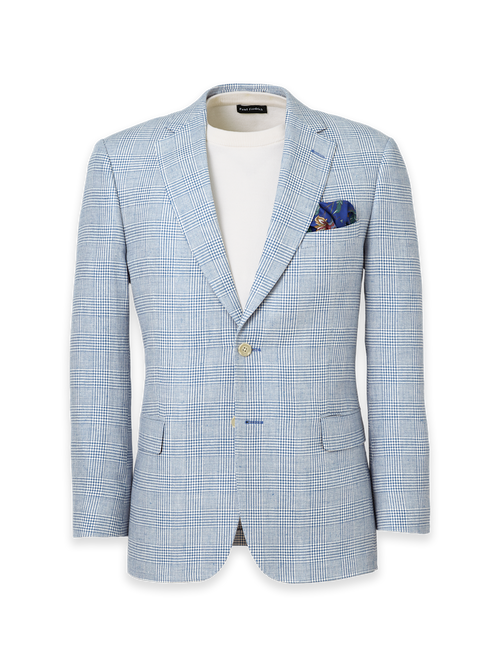 Italian Cotton Blend Single Breasted Notch Lapel Suit Jacket - Tan/blue Plaid