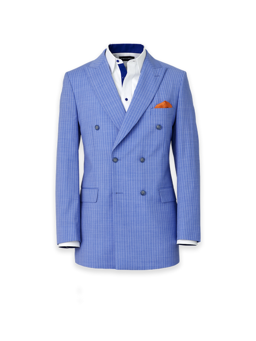 Wool Blend Pinstripe Double Breasted Peak Lapel Suit Jacket - Blue