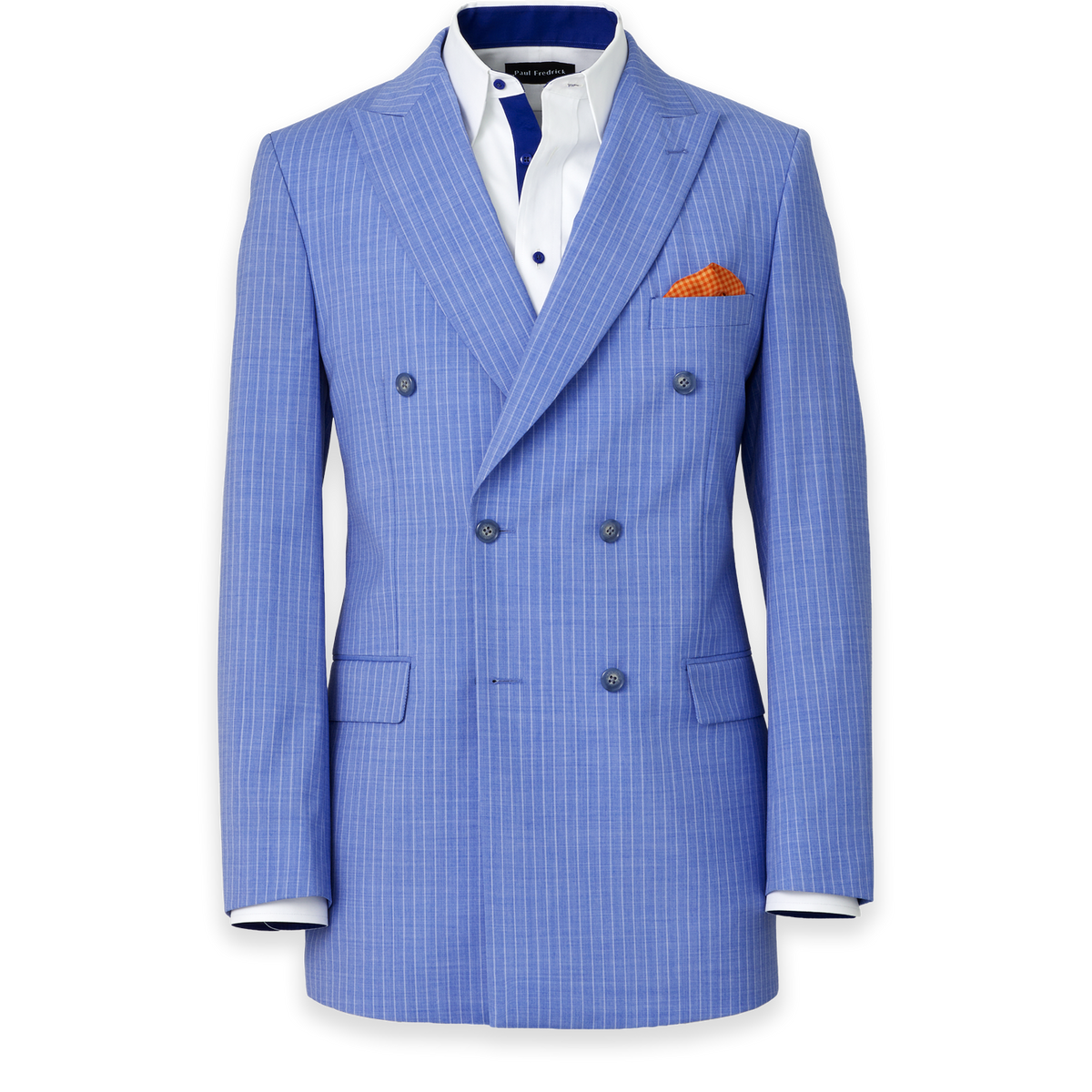 Wool Blend Pinstripe Double Breasted Peak Lapel Suit Jacket - Blue