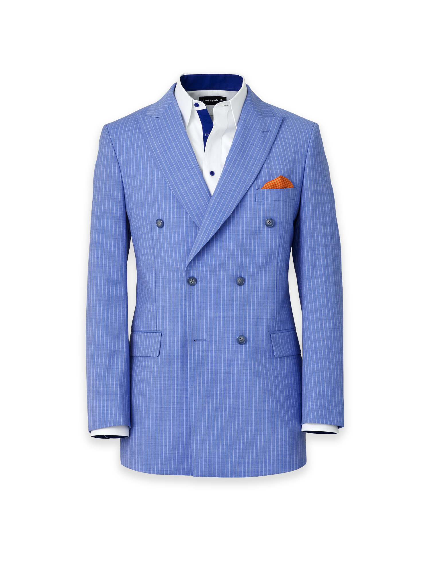 Wool Blend Pinstripe Double Breasted Peak Lapel Suit Jacket - Blue
