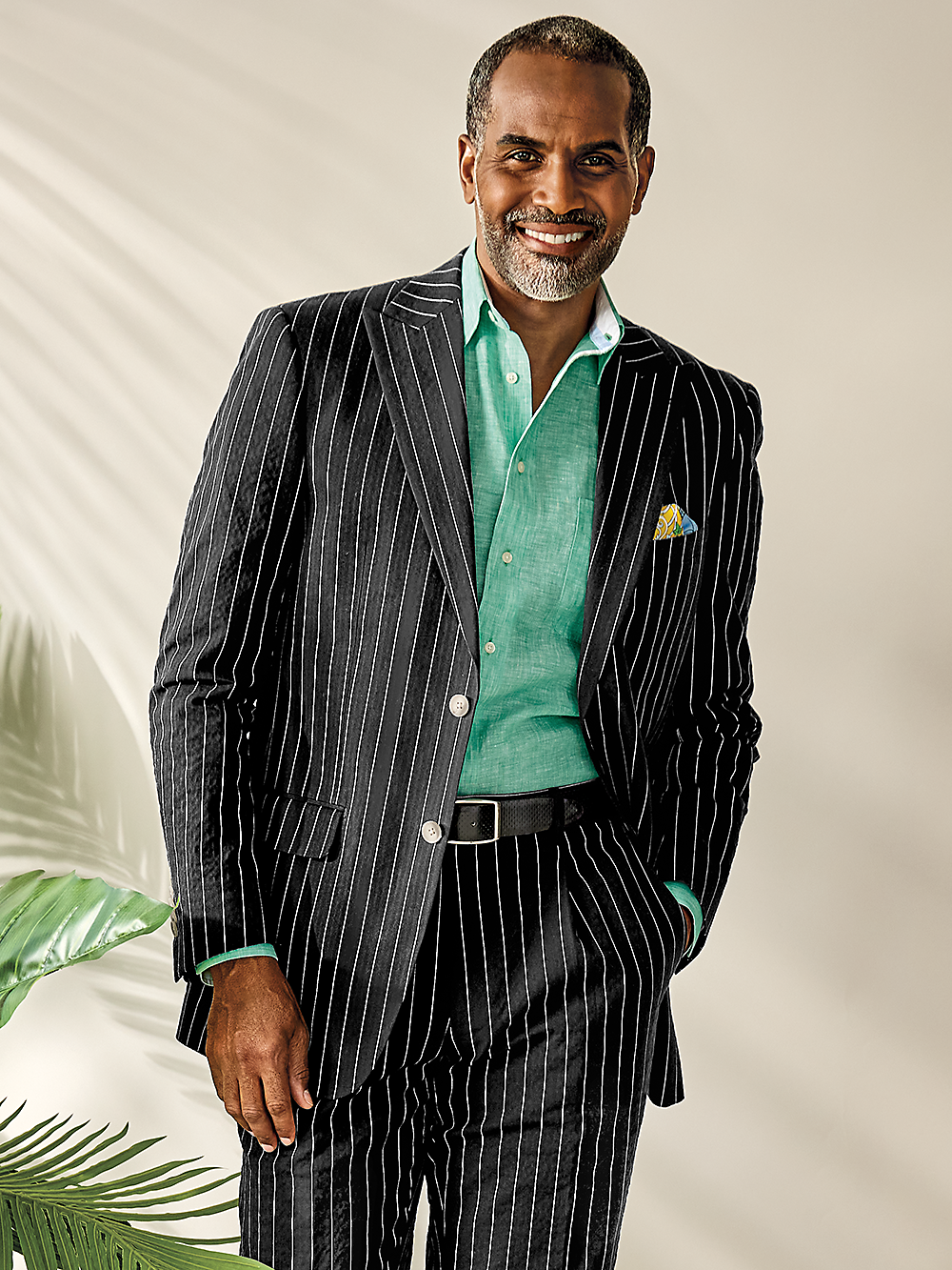 Cotton Stretch Seersucker Pinstripe Peak Lapel Suit Jacket Black Paul Fredrick