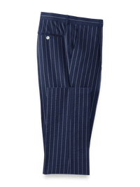 Cotton Stretch Pinstripe Seersucker Single Pleat Suit Pants - Navy