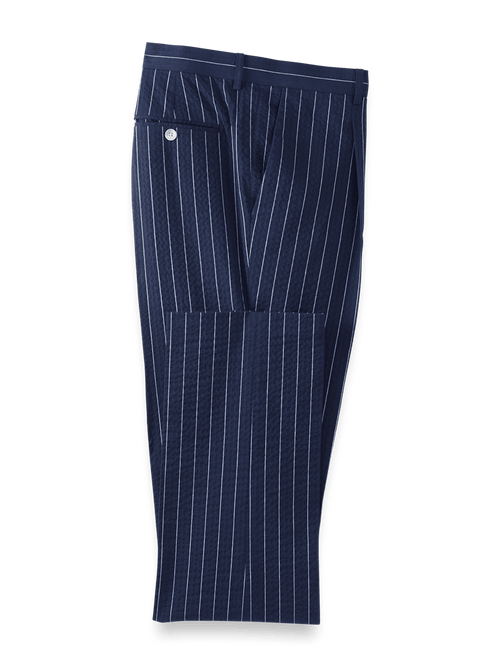 Cotton Stretch Pinstripe Seersucker Single Pleat Suit Pants - Navy