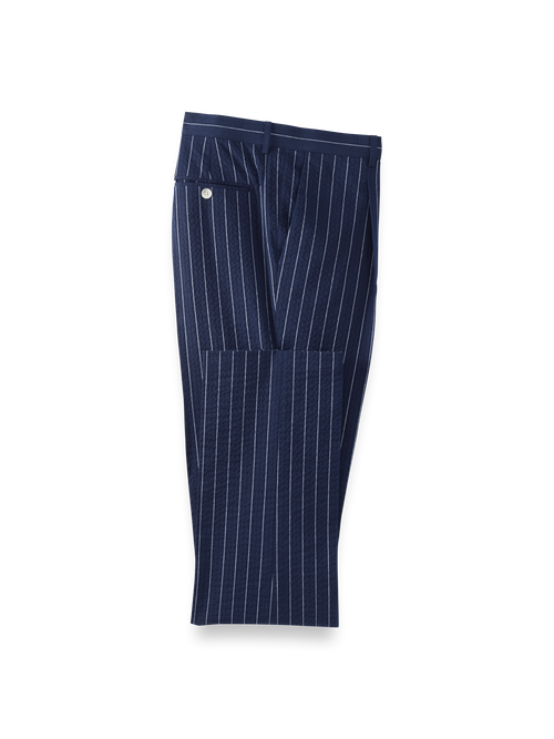 Cotton Stretch Pinstripe Seersucker Single Pleat Suit Pants - Navy