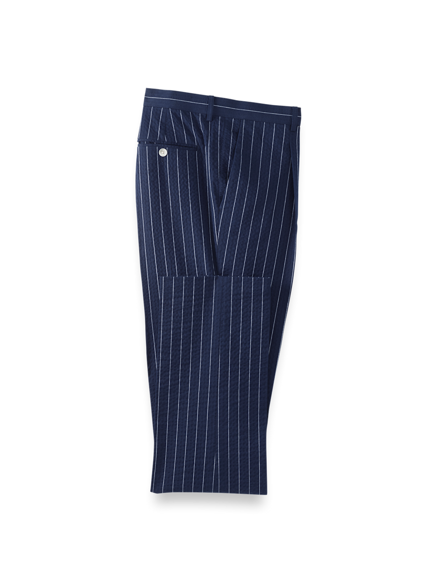 Cotton Stretch Pinstripe Seersucker Single Pleat Suit Pants - Navy