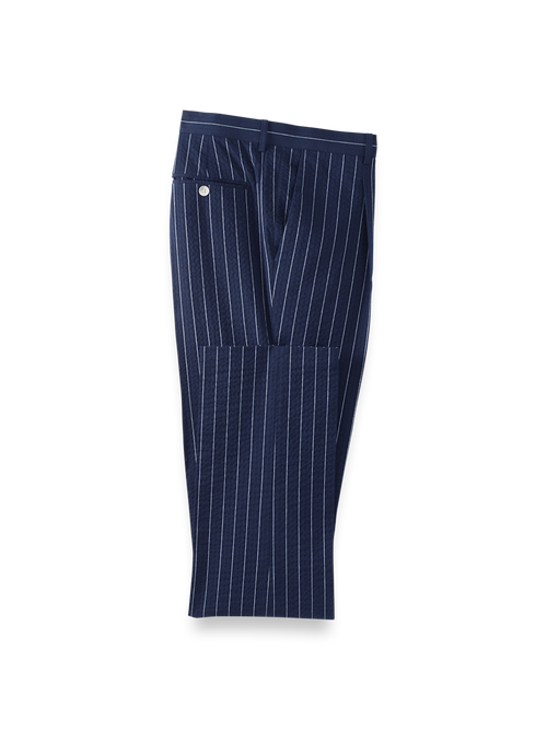 Cotton Stretch Pinstripe Seersucker Single Pleat Suit Pants - Navy