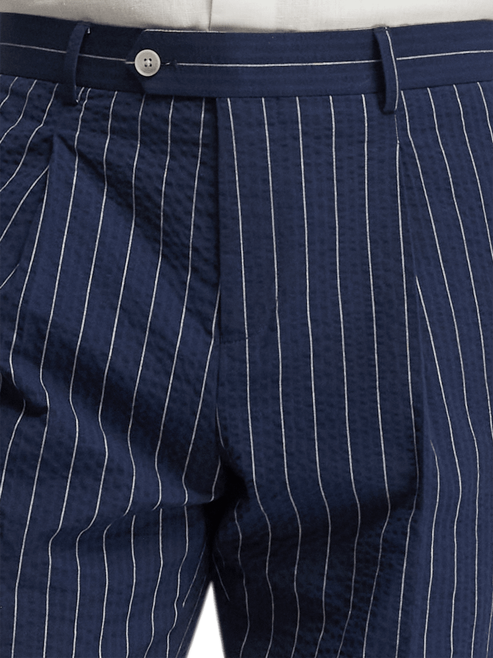 Cotton Stretch Pinstripe Seersucker Single Pleat Suit Pants - Navy - 30 Cotton Stretch Pinstripe Seersucker Single Pleat Suit Pants - Navy - 30