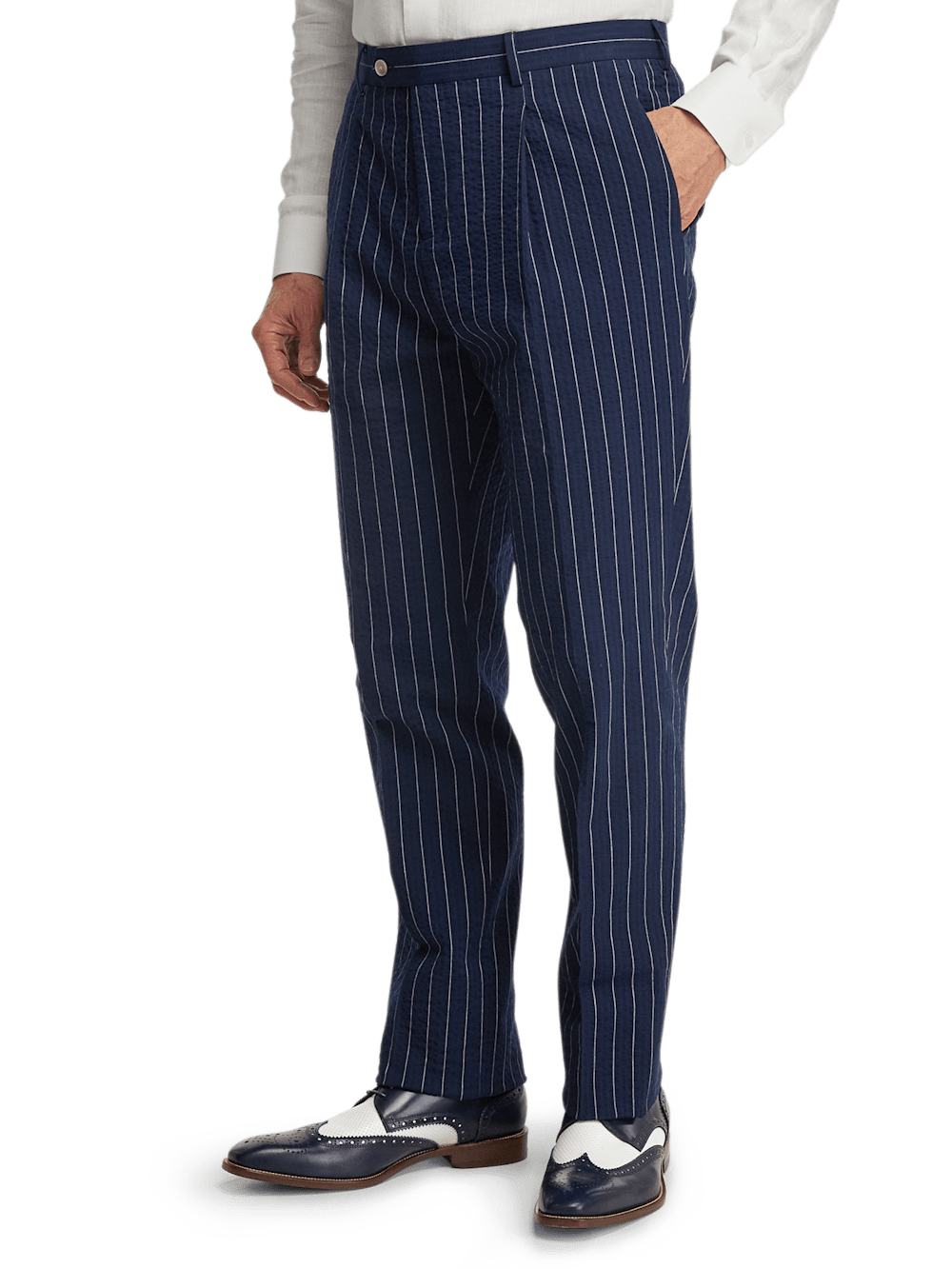 Cotton Stretch Pinstripe Seersucker Single Pleat Suit Pants