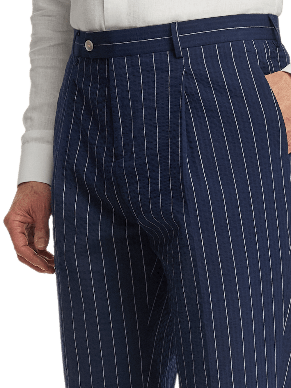 Cotton Stretch Pinstripe Seersucker Single Pleat Suit Pants - Navy - 30 Cotton Stretch Pinstripe Seersucker Single Pleat Suit Pants - Navy - 30