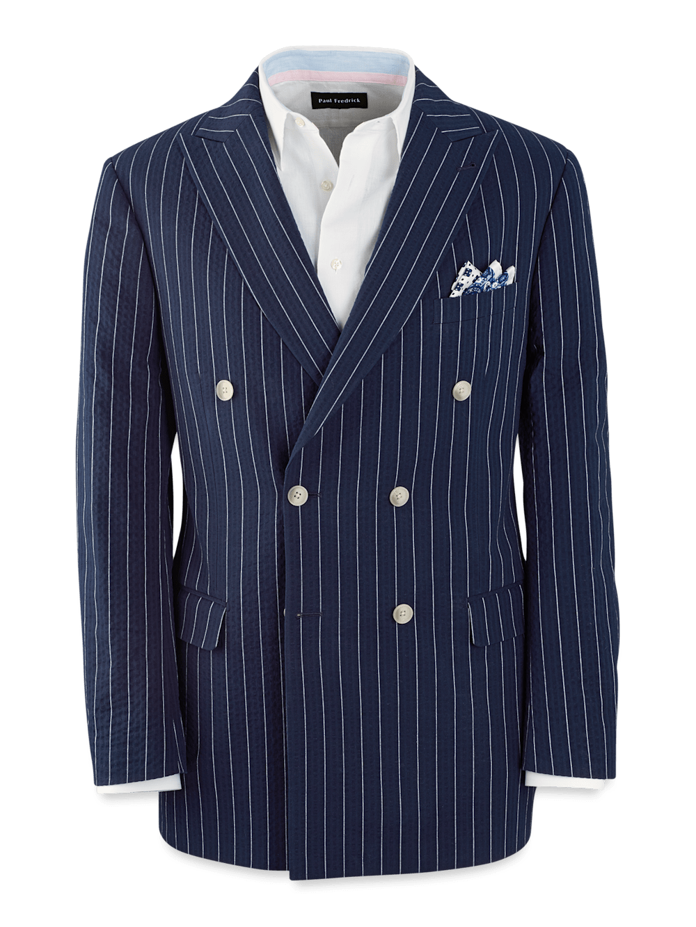 Product Image of Cotton Stretch Pinstripe Seersucker Double Breasted Peak Lapel Suit Jacket-Navy