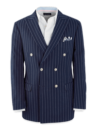 Cotton Stretch Pinstripe Seersucker Double Breasted Peak Lapel Suit Jacket - Navy