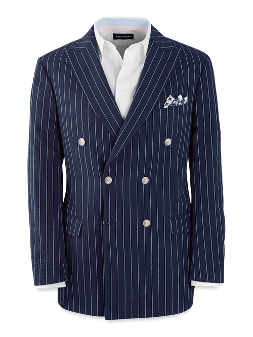 Cotton Stretch Pinstripe Seersucker Double Breasted Peak Lapel Suit Jacket - Navy
