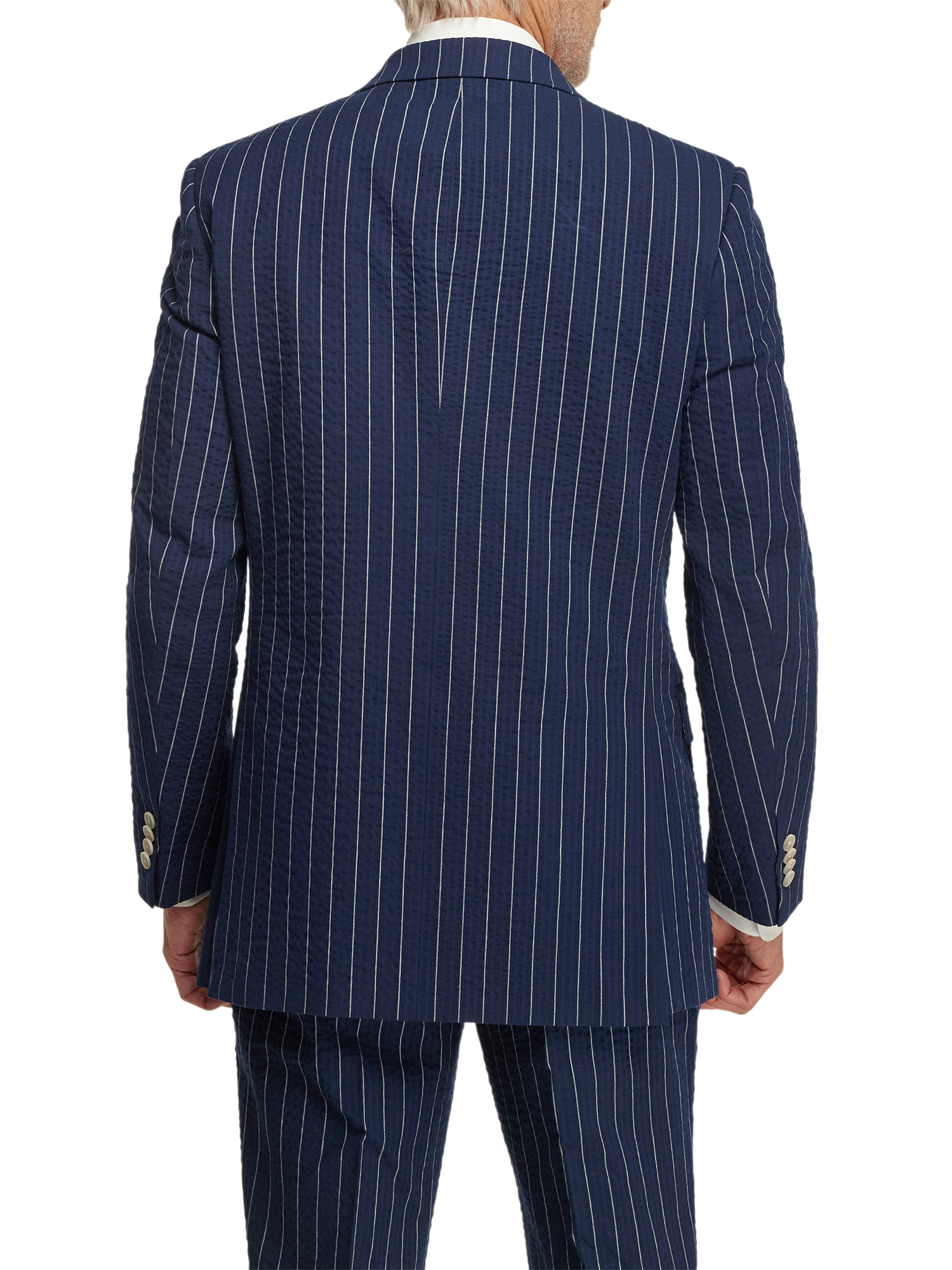 Cotton Stretch Pinstripe Seersucker Double Breasted Peak Lapel Suit Jacket - Navy