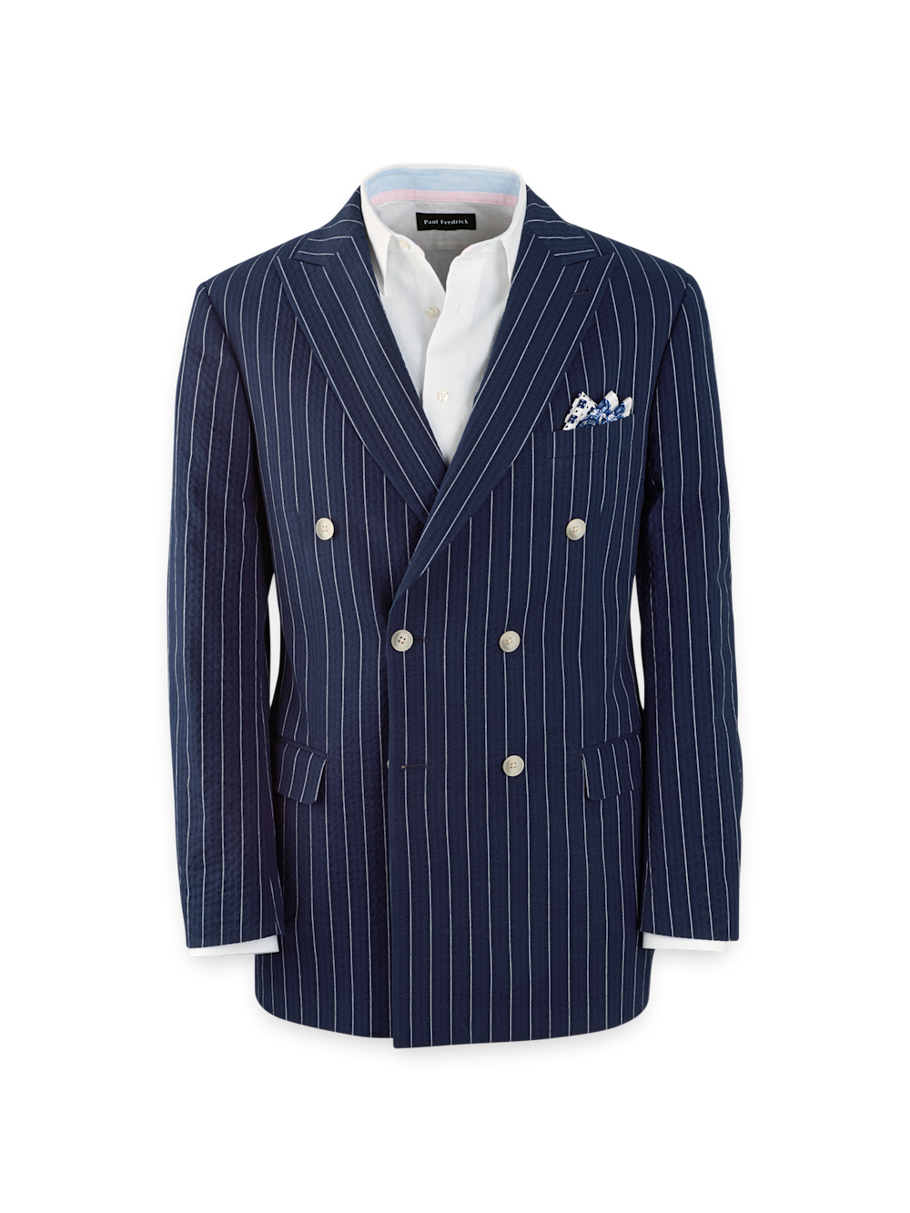Product Image of Cotton Stretch Pinstripe Seersucker Double Breasted Peak Lapel Suit Jacket-Navy