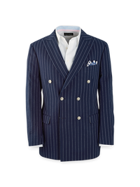 Cotton Stretch Pinstripe Seersucker Double Breasted Peak Lapel Suit Jacket - Navy