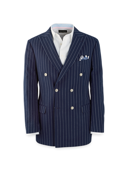 Cotton Stretch Pinstripe Seersucker Double Breasted Peak Lapel Suit Jacket - Navy