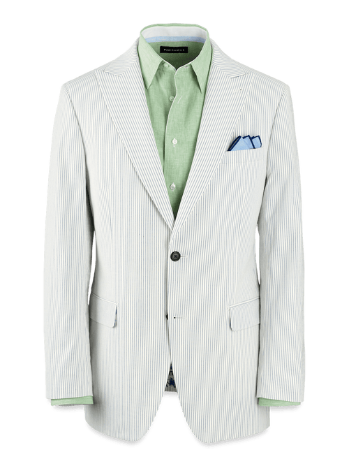 Cotton Stretch Stripe Seersucker Single Breasted Peak Lapel Suit Jacket - White/blue