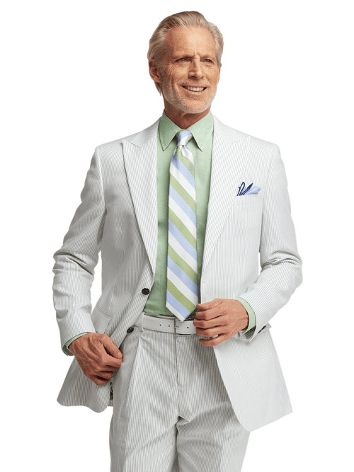 Cotton Stretch Stripe Seersucker Single Breasted Peak Lapel