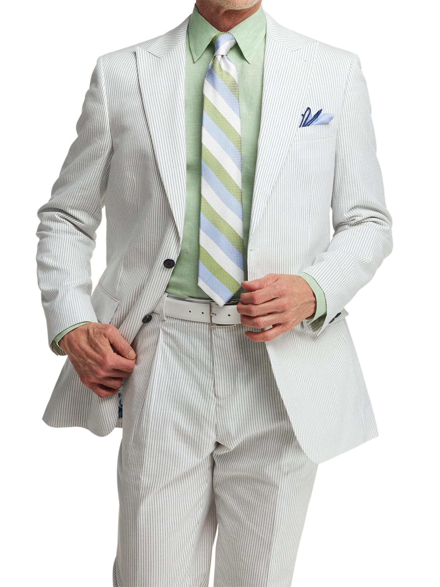 Cotton Stretch Stripe Seersucker Single Breasted Peak Lapel Suit Jacket - White/blue