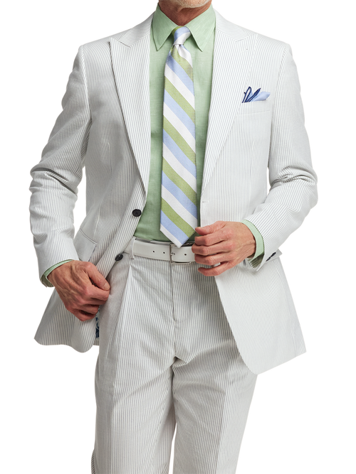 Cotton Stretch Stripe Seersucker Single Breasted Peak Lapel