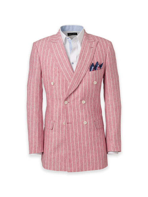Pinstripe Linen Double Breasted Peak Lapel Suit Jacket - Pink/white
