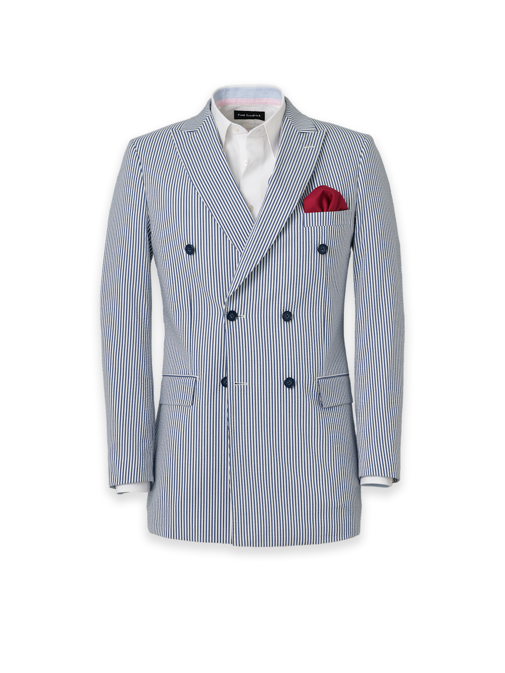 Product Image of Stripe Seersucker Double Breasted Peak Lapel Suit Jacket-Navy/White