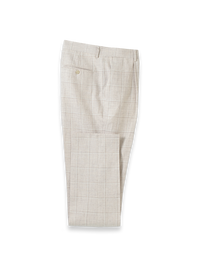 Windowpane Linen Single Pleat Suit Pants - Tan Windowpane