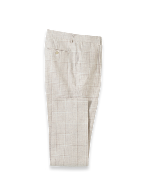 Windowpane Linen Single Pleat Suit Pants - Tan Windowpane