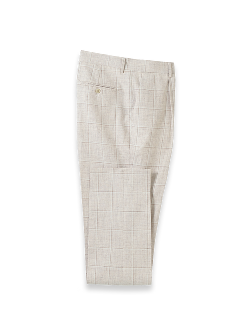 Windowpane Linen Blend Single Pleat Suit Pants - Tan Windowpane